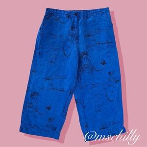 CHICO'S Silk Linen Blue Zoo Animals Art to Wear Crop Pants Safari Sz 1 / M